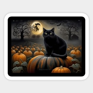 Black Cat in a pumpkin patch Sticker